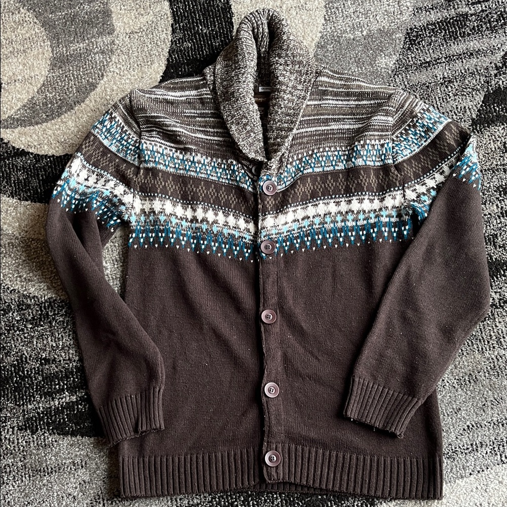 Men’s Retrofit Cotton Acrylic Brown and Blue Cardigan Sweater